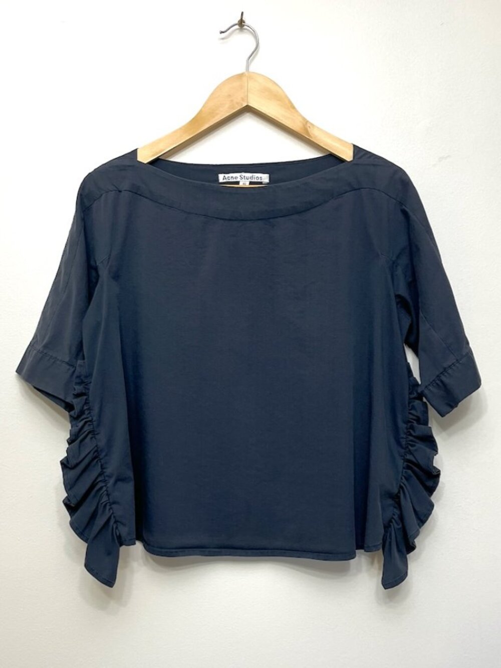 Acne Studios Dusty Navy Boatneck, Boxy A-Line Tee With Side Ruffles, Size 32